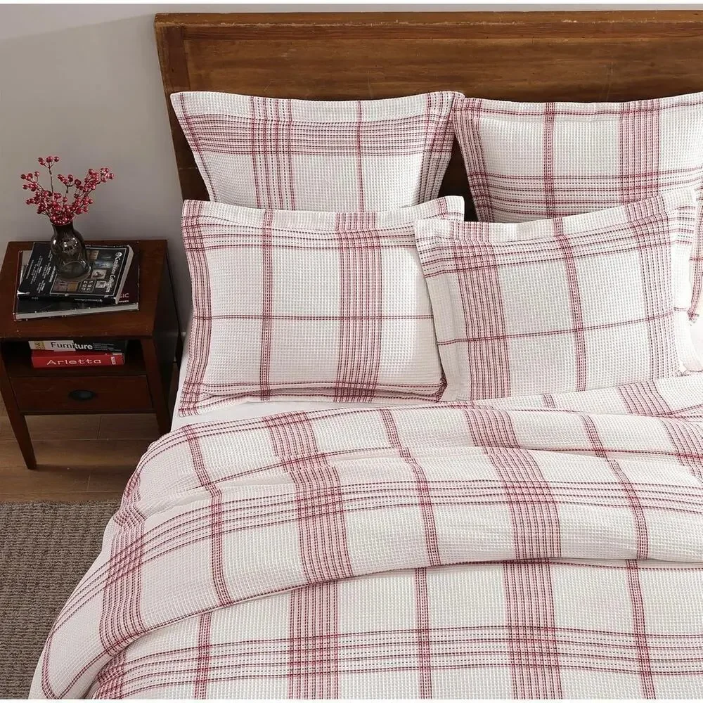 Levtex Peppermint Plaid Duvet Set Full Queen Red White Cotton Holiday NEW